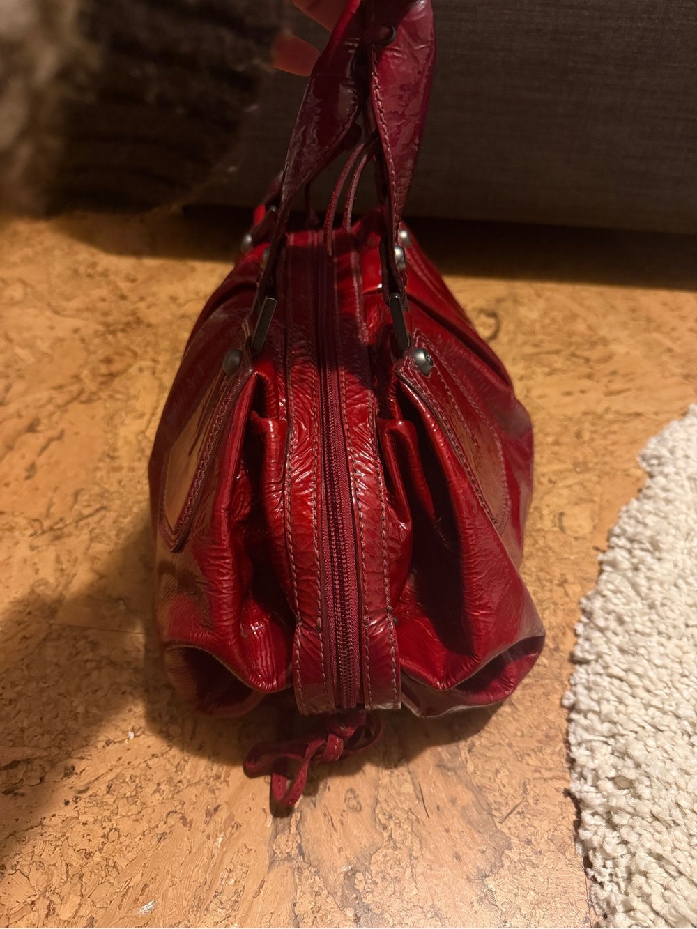 Women's Red Leather Hobo Handbag with Top Handles - Picture 2 of 7